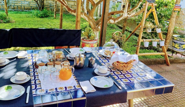 Organic breakfast in the garden, Vesuvius view